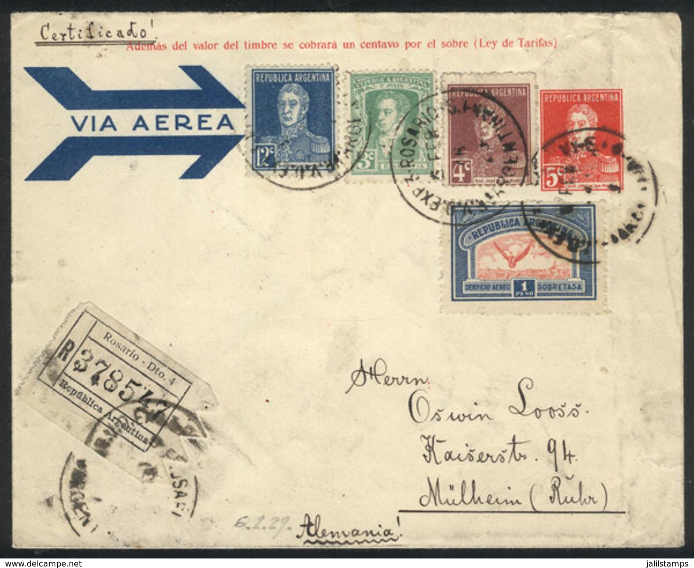 ARGENTINA: 6/FE/1929 Rosario - Germany: Special Airmail Stationery Envelope Of 5c. + Several Stamps To Complete The Post - Other & Unclassified