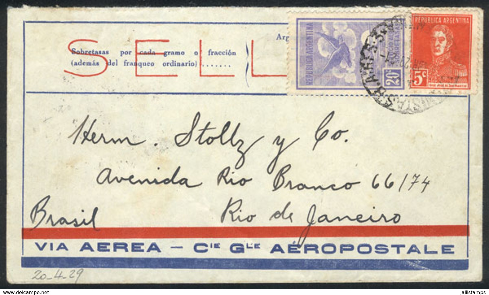 ARGENTINA: 19/AP/1929 Buenos Aires - Rio De Janeiro (Brazil): Airmail Cover Flown By C.G.A. Franked With 25c., Arrival B - Other & Unclassified