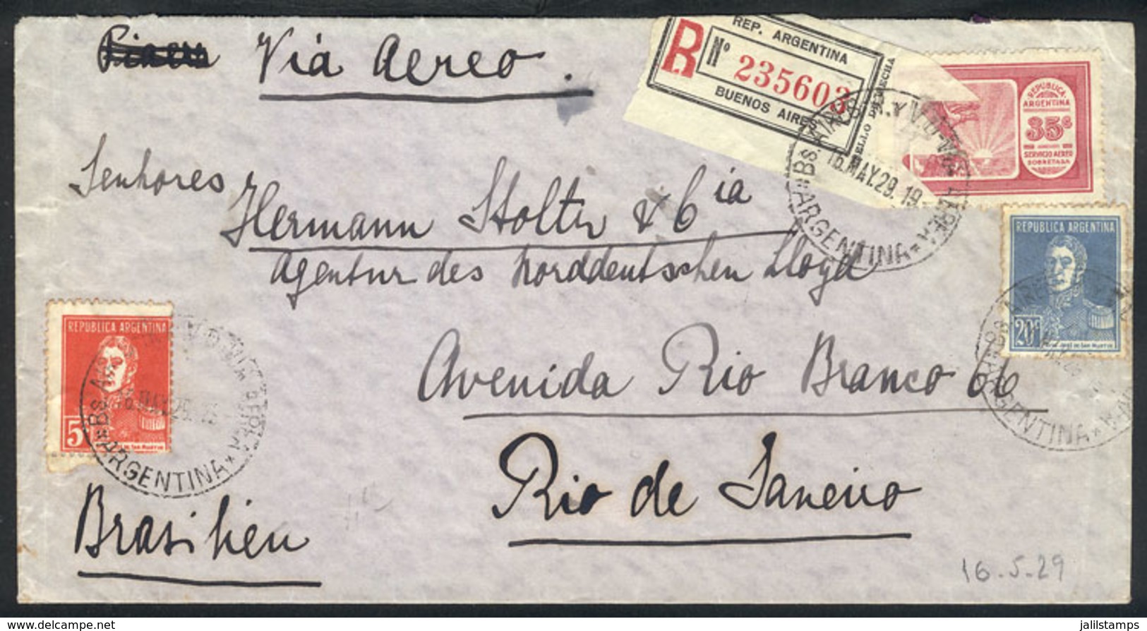ARGENTINA: 16/MAY/1929 Buenos Aires - Rio De Janeiro (Brazil): Registered Airmail Cover Flown By C.G.A. Franked With 60c - Sonstige & Ohne Zuordnung