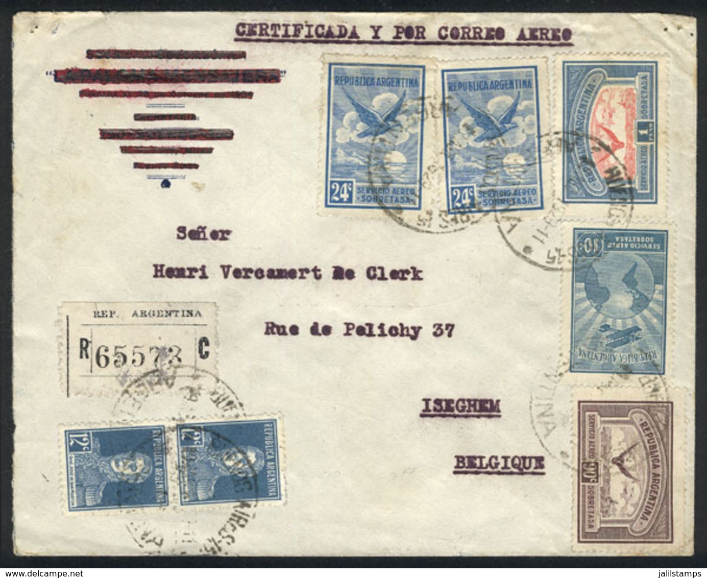 ARGENTINA: 12/AU/1929 Buenos Aires - Belgium: Registered Airmail Cover With Nice Postage Of 2.72P, Very Fine Quality! - Other & Unclassified