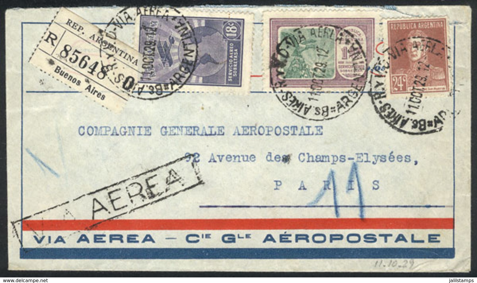 ARGENTINA: 11/OC/1929 Buenos Aires - France: Registered Airmail Cover Franked With 1.68P. (one Stamp With Broken Corner) - Other & Unclassified