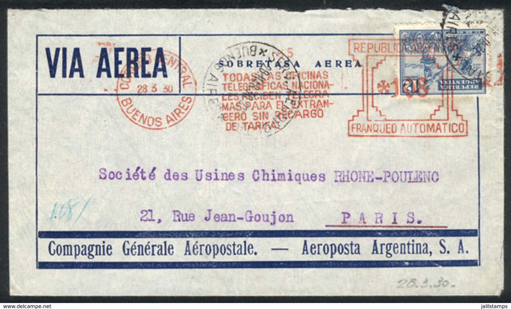 ARGENTINA: 28/MAR/1930 Buenos Aires - Paris: Airmail Cover Franked With 12c. Stamp (to Pay The Regular Rate) + Meter Pos - Other & Unclassified