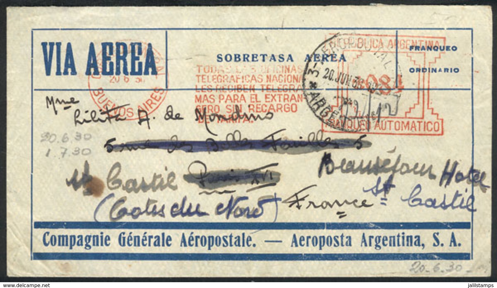 ARGENTINA: 20/JUN/1930 Buenos Aires - France: Airmail Cover With Meter Postage For 84c., With Paris Arrival Backstamp, V - Otros & Sin Clasificación