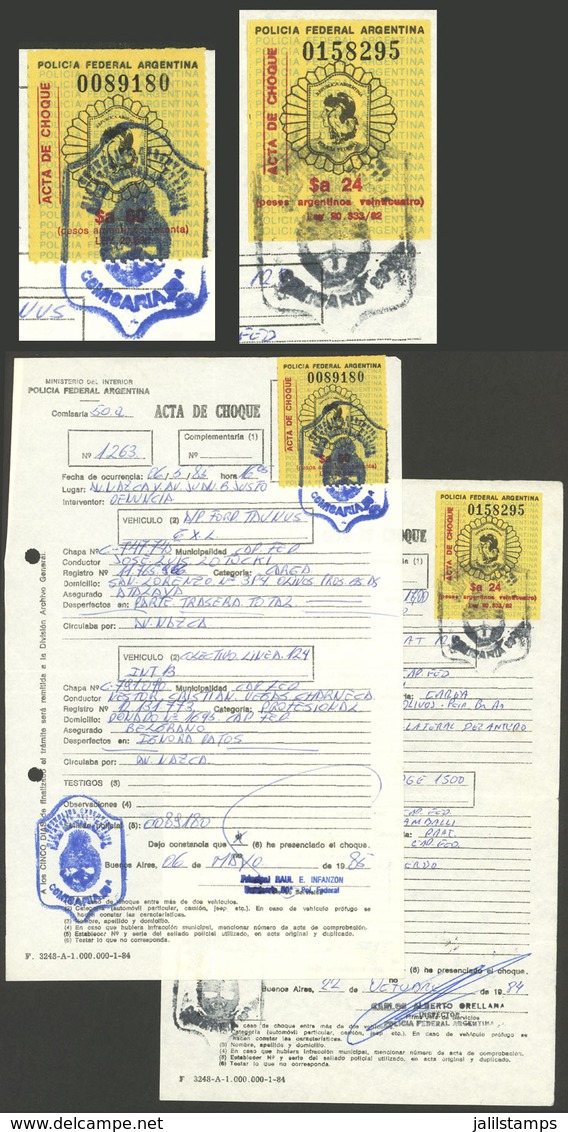 ARGENTINA: Federal Police: 2 Revenue Stamps Of $a24 And $a50 On Collision Reports, Years 1984/5, Rare! - Other & Unclassified