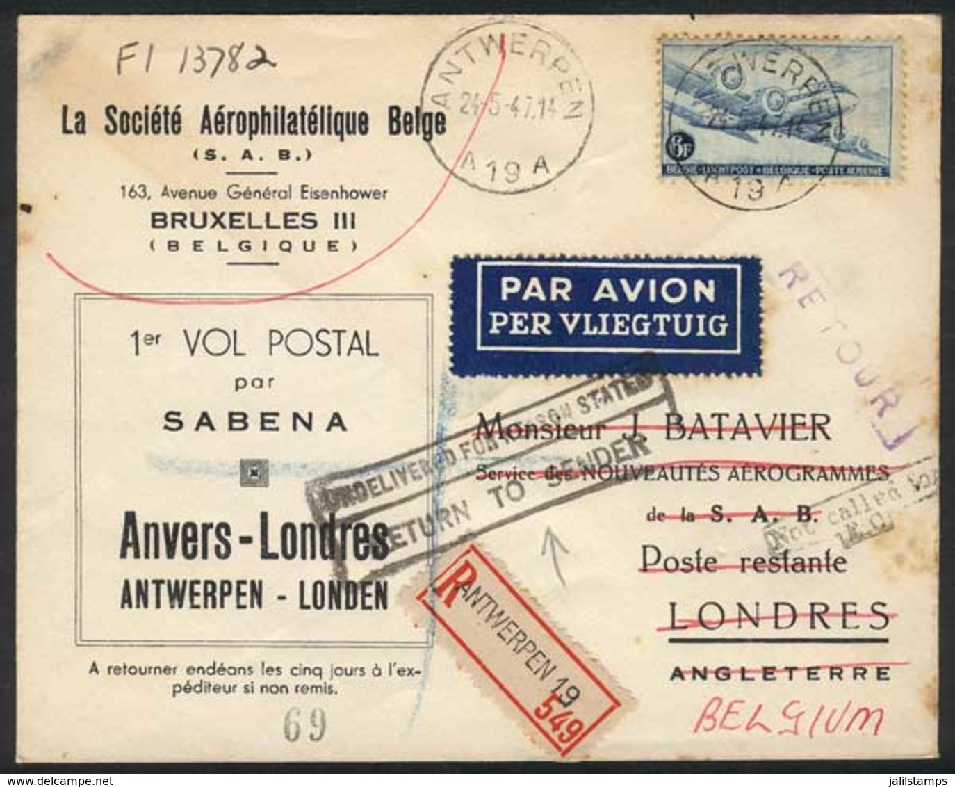 BELGIUM: 24/MAY/1947: First Flight Anvers-London By SABENA, VF Quality! - Other & Unclassified