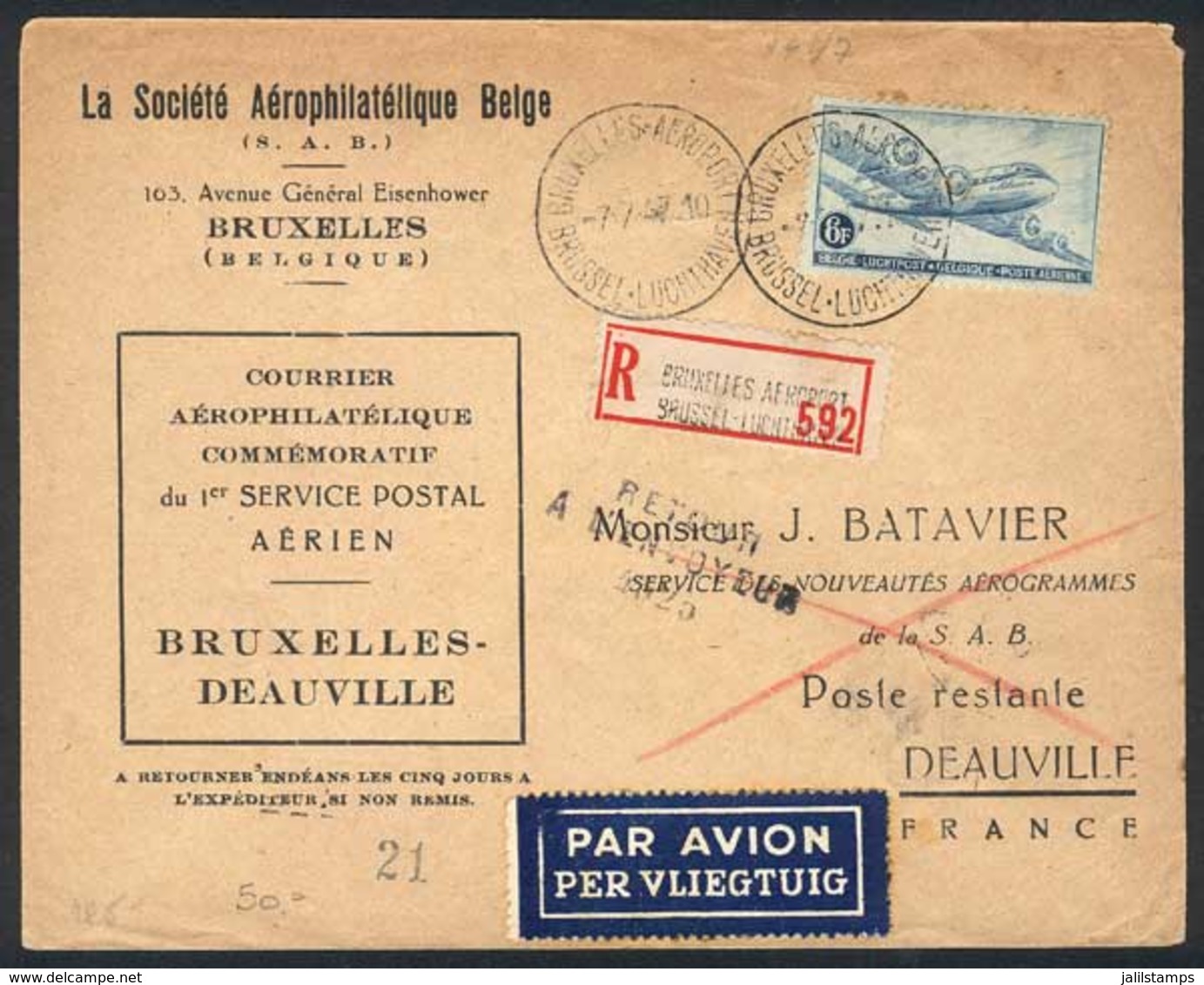 BELGIUM: 7/JUL/1947: First Flight Bruxelles-Deauville, VF Quality! - Sonstige & Ohne Zuordnung