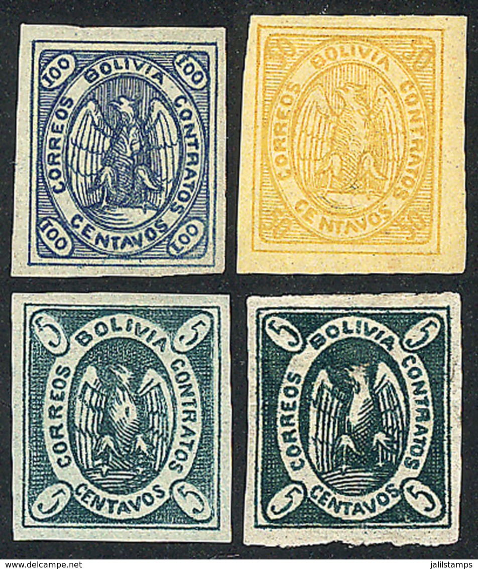 BOLIVIA: Sc.7, 1867/8 100c. Blue, Mint With Full Original Gum, Excellent Quality. Also 3 Other Stamps Of The Set, All Mi - Bolivia