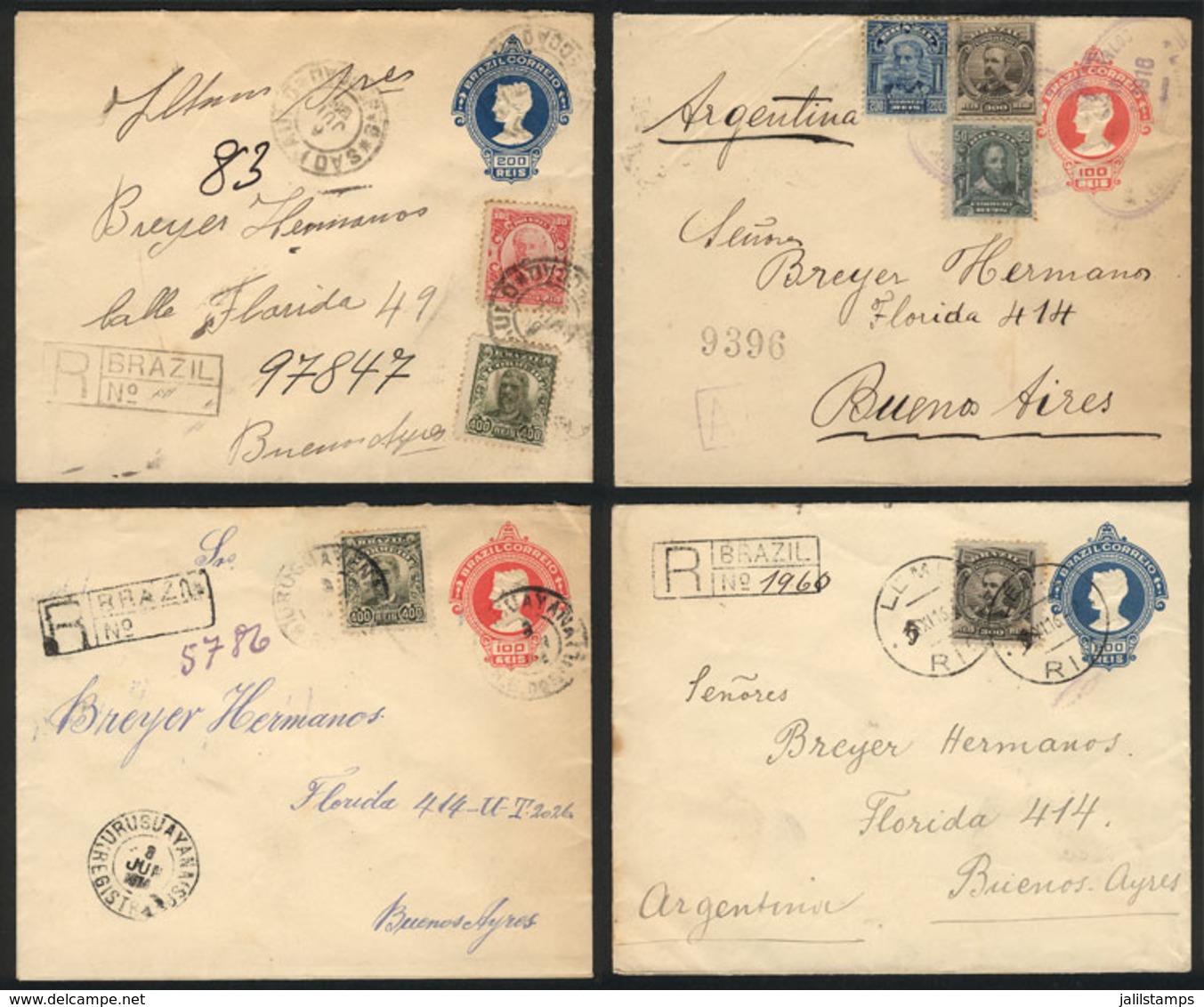BRAZIL: 1909/16: 4 Covers (stationery Envelopes) With Varied Additional Postages, Sent To Argentina By Registered Mail,  - Otros & Sin Clasificación