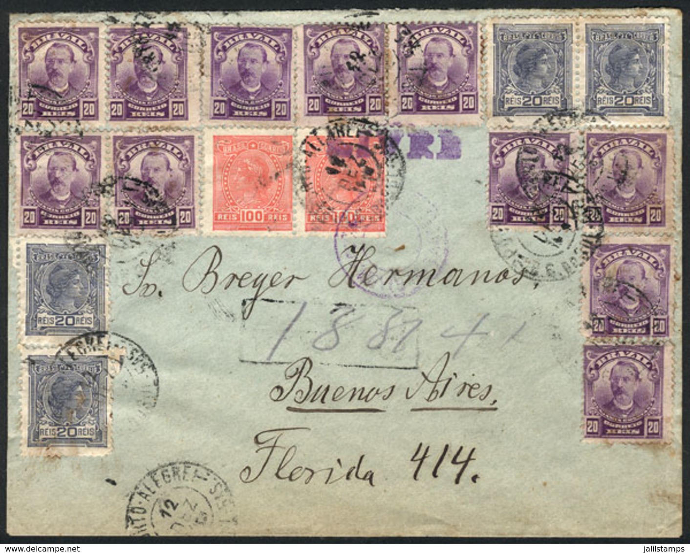 BRAZIL: 12/DE/1918 PORTO ALEGRE - Buenos Aires: Registered Cover With Spectacular Postage Of 500Rs. Consisting Of 17 Sta - Altri & Non Classificati