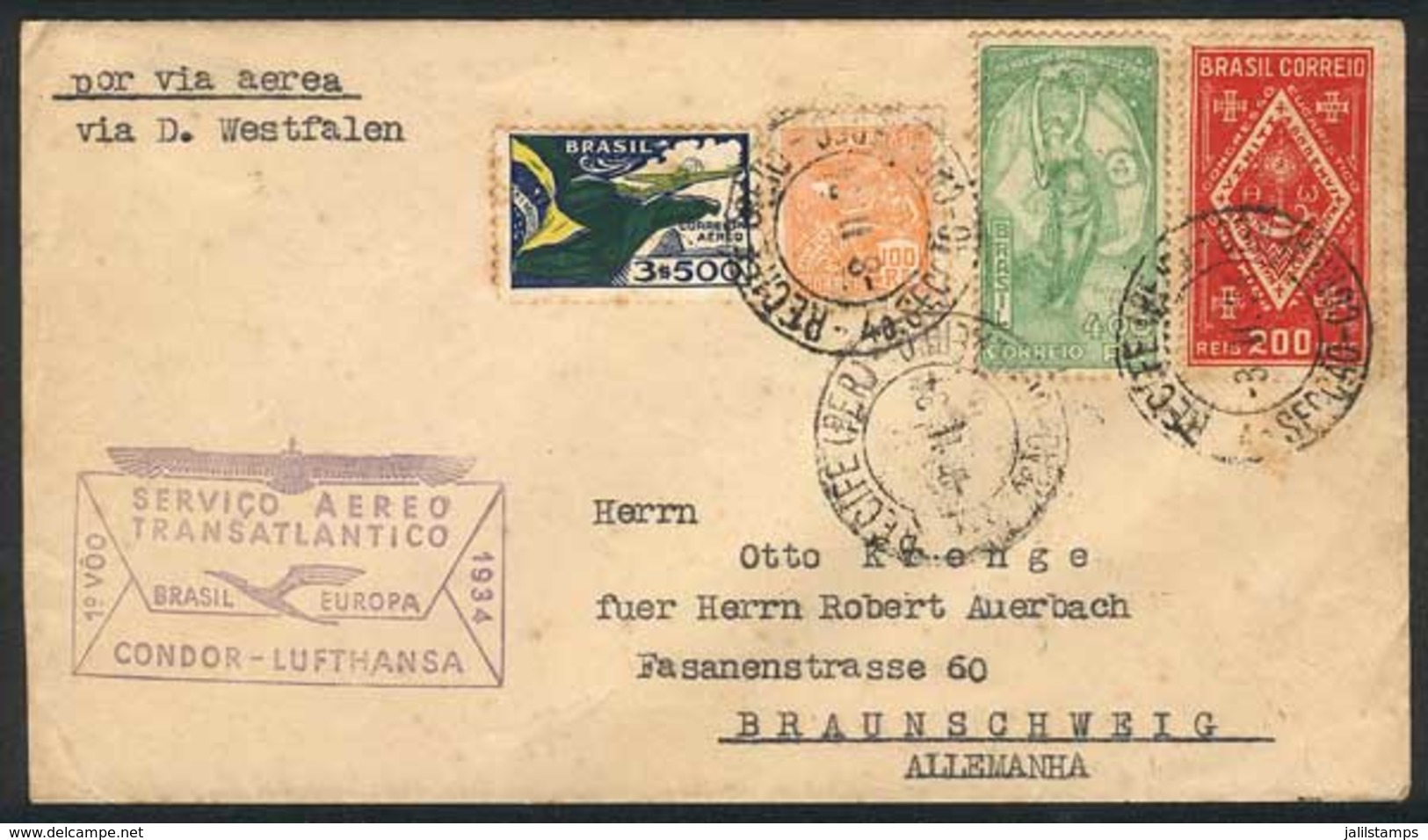 BRAZIL: 8/FE/1934: RECIFE - Germany, Cover Sent In The First Flight Of The Condor-Lufthansa Transatlantic Air Service, W - Otros & Sin Clasificación