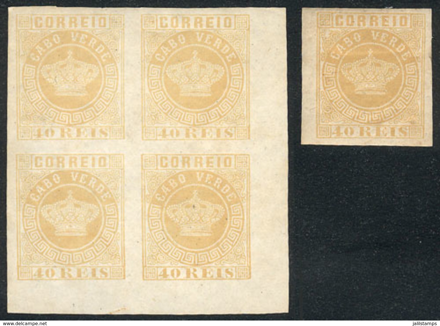CAPE VERDE: Sc.13a, 1881/5 40Rs. Yellow IMPERFORATE, Single With Original Gum + Corner Block Of 4 Without Gum. - Cape Verde