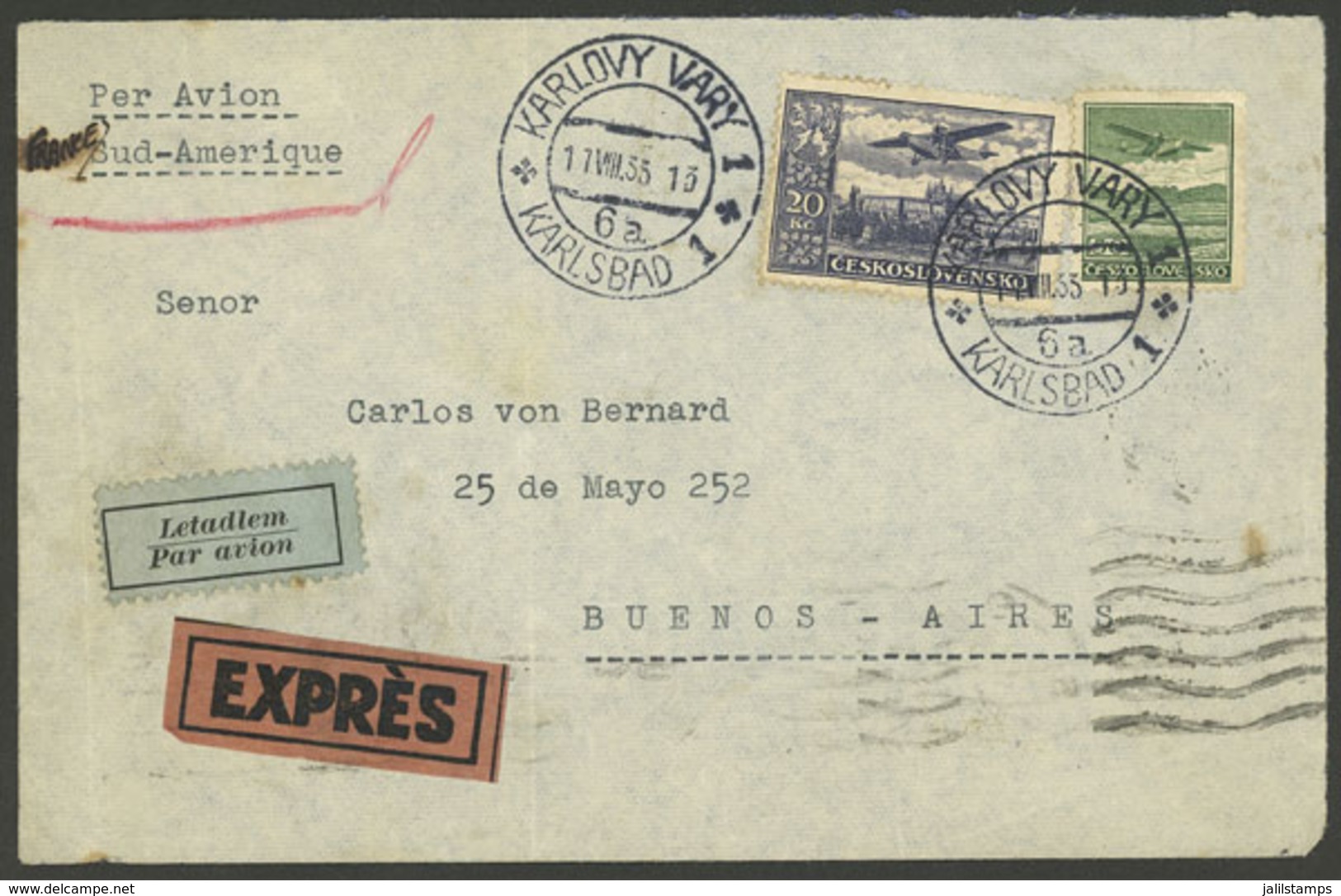 CZECHOSLOVAKIA: Express Airmail Cover Sent From Karlovy Vary To Argentina On 11/AU/1933 With Nice Postage, Via Air Franc - Other & Unclassified