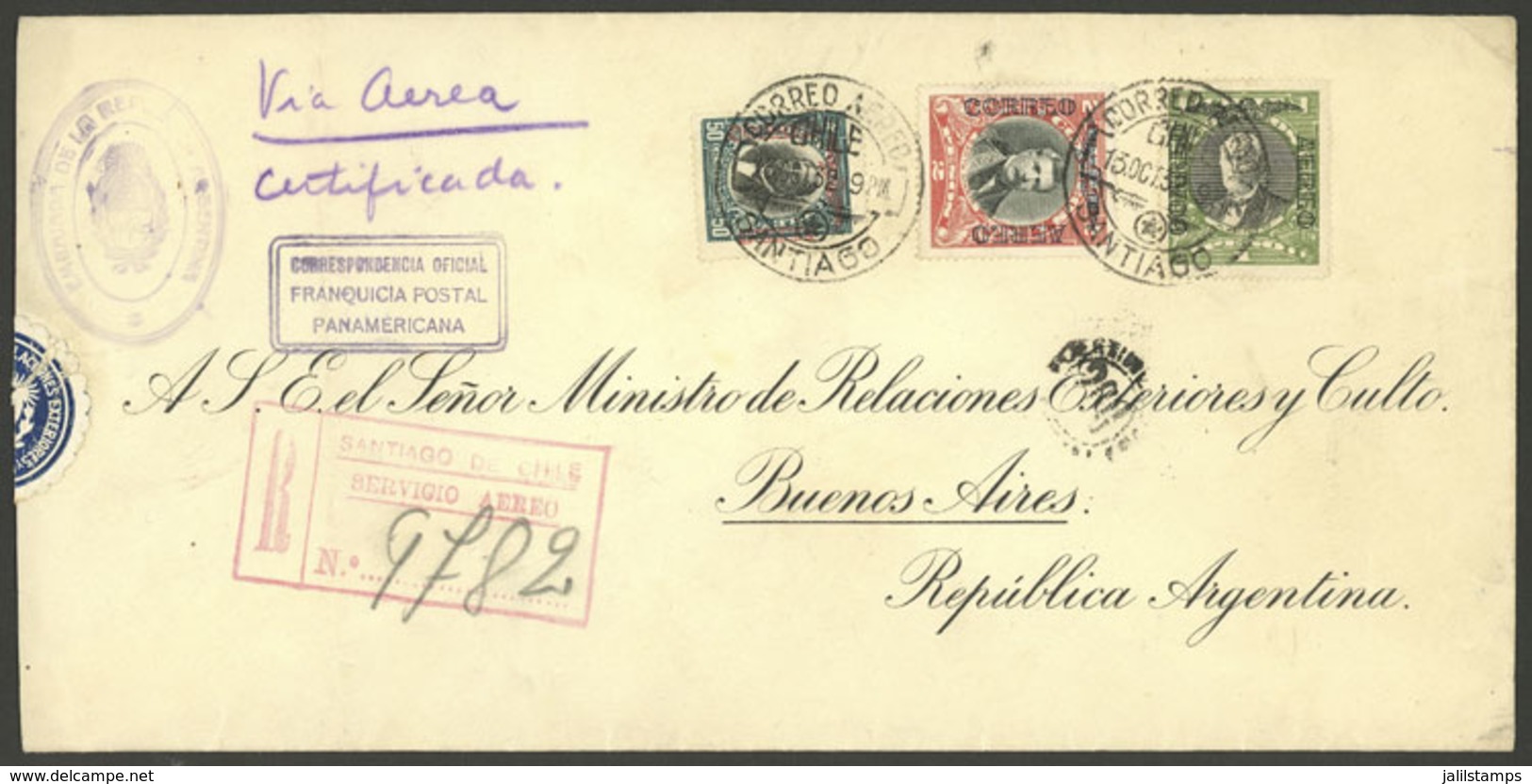 CHILE: Registered Airmail Cover Mailed With Partial Franchise (diplomatic) From Santiago To Argentina On 13/OC/1932, Int - Chili