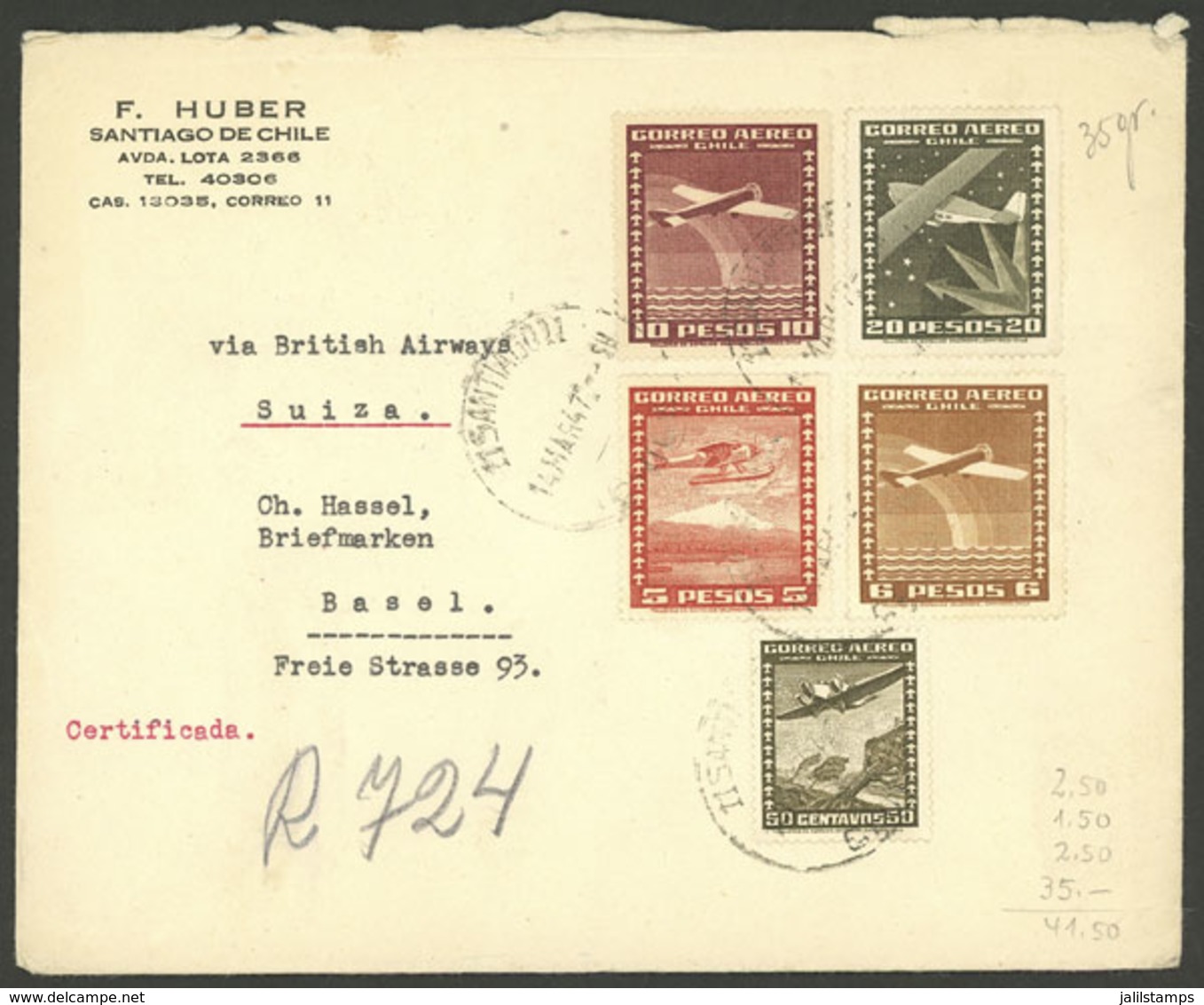 CHILE: Registered Airmail Cover Sent To Switzerland On 14/MAR/1947, Attractive Franking! - Chile
