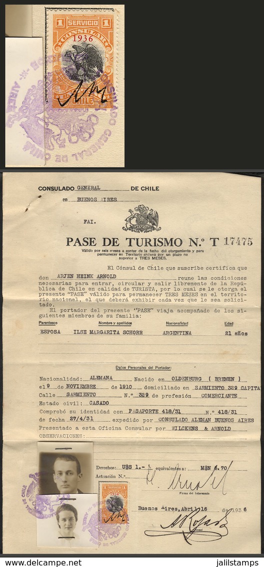 CHILE: Tourist Pass For A German Couple Who Lived In Argentina, With Consular Revenue Stamp Of 1P. Overprinted "1936", A - Chile