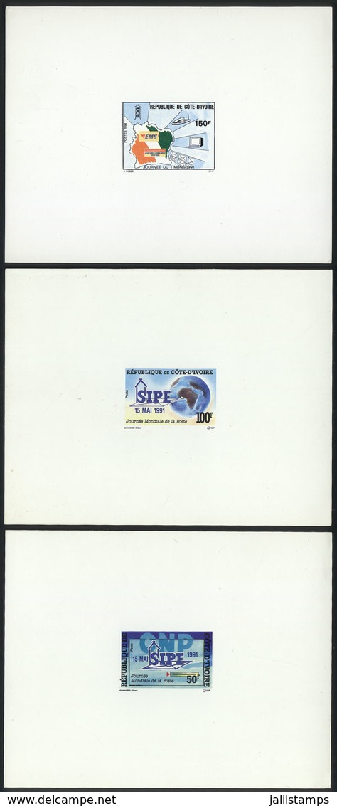 IVORY COAST: Yvert 853 + 878/9, 1991 Stamp Day (1 Value) And World Mail Day (set Of 2 Values), DELUXE PROOFS, VF Quality - Ivory Coast (1960-...)