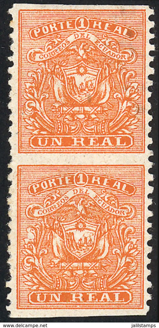 ECUADOR: Sc.10, 1872 1R. Orange, Pair IMPERFORATE HORIZONTALLY, Very Fine Quality, Rare! - Ecuador