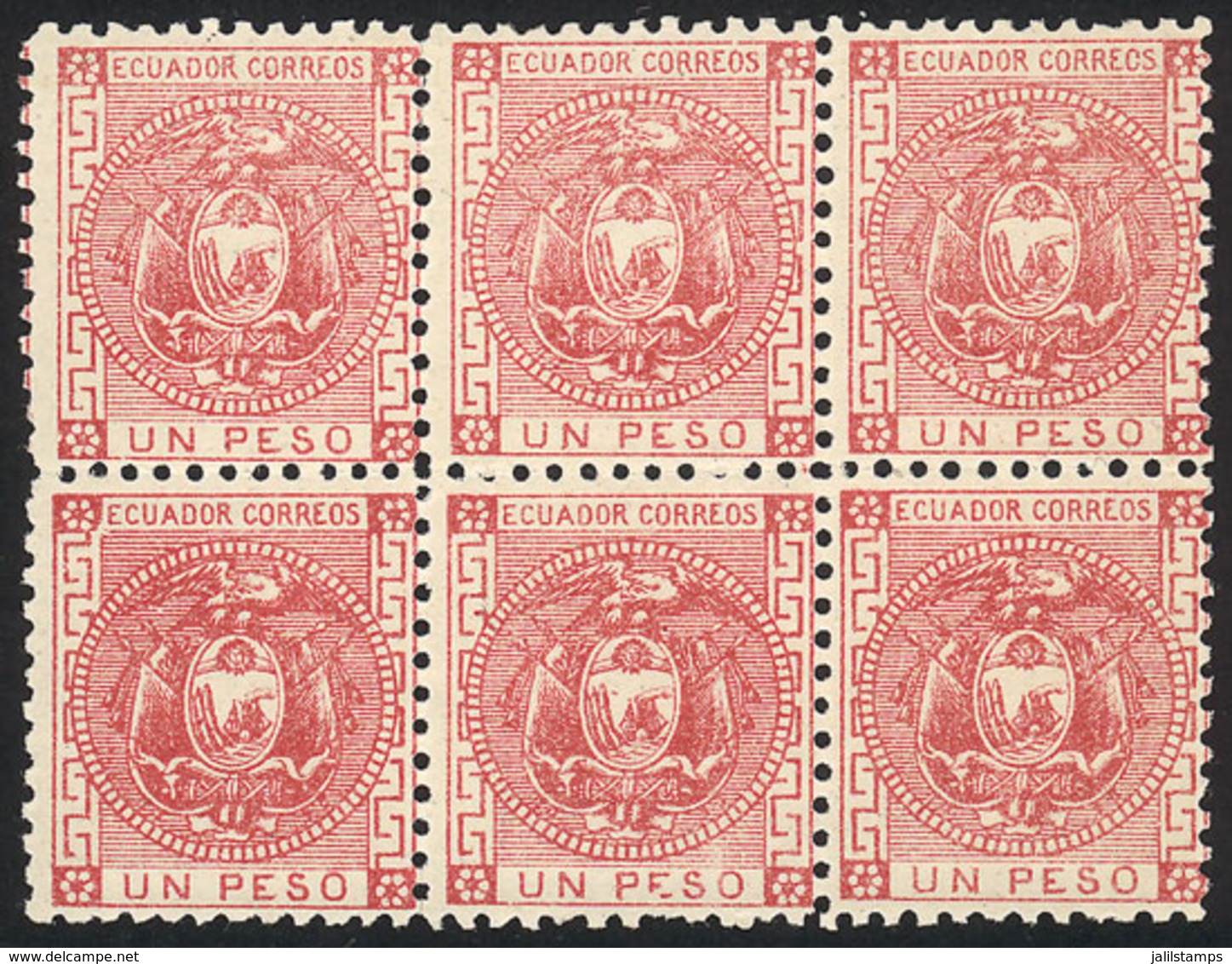 ECUADOR: Sc.11, 1872 1P. Rose, Beautiful Block Of 6, MNH (2 Stamps Very Lightly Hinged), Excellent Quality! - Ecuador