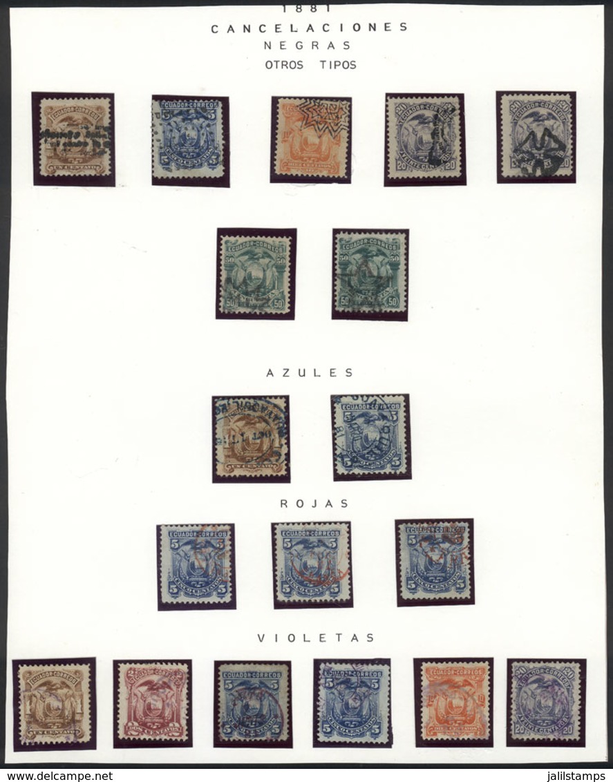 ECUADOR: CANCELS: Album Page (ex-Bustamante) With 18 Stamps With Varied Cancels, Very Fine General Quality, Very Interes - Ecuador