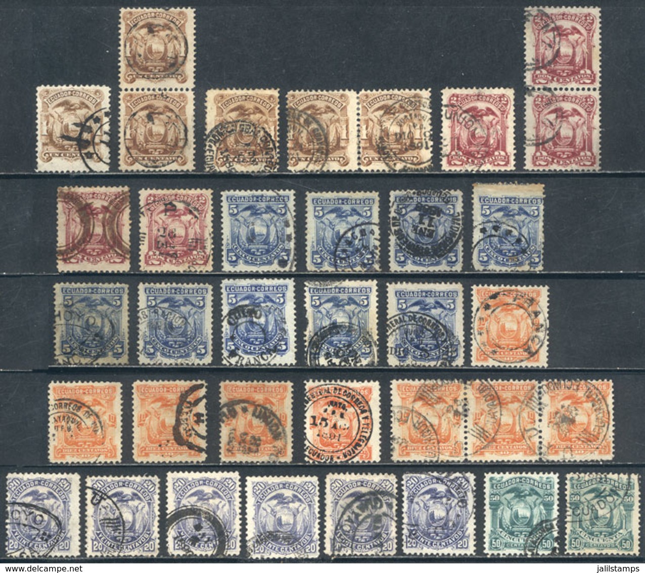 ECUADOR: CANCELS: Stockcard With A Number Of Stamps (including Some Pairs And A Strip Of 3) With Varied Black Cancels, M - Ecuador