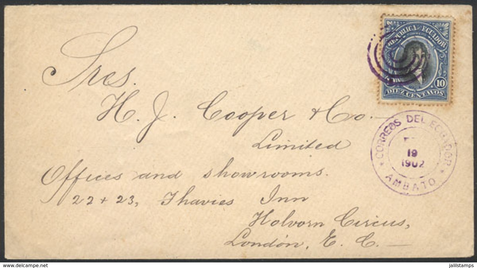 ECUADOR: Cover Franked By Sc.148 (10c. Of 1901) Sent From AMBATO To London On 19/FE/1902, VF Quality! - Ecuador