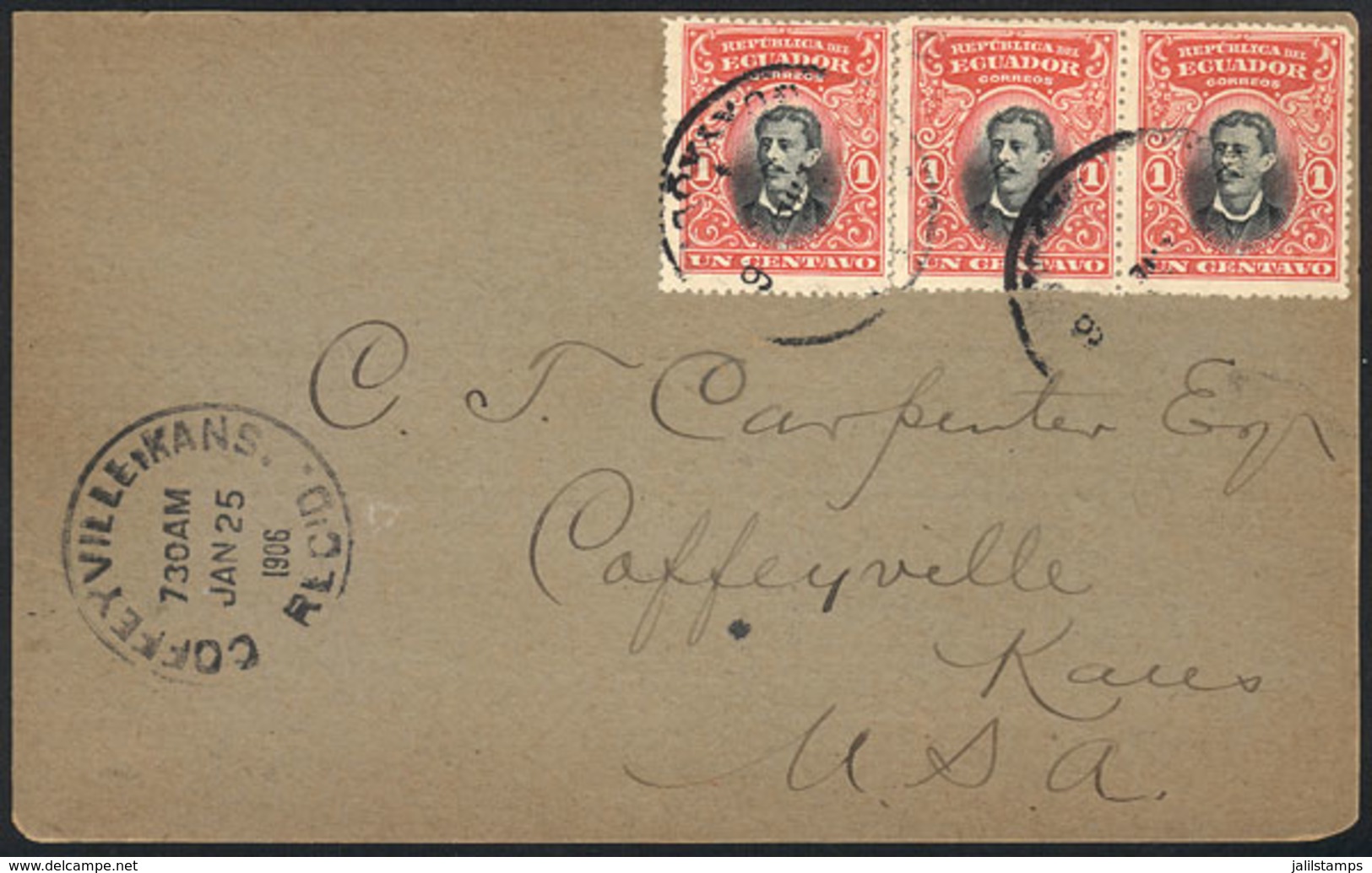 ECUADOR: Card Franked With 3c. And Sent From Guayaquil To USA On 8/JA/1906, Franked With Strip Of 3 Of 1c. Of 1901 (Sc.1 - Ecuador