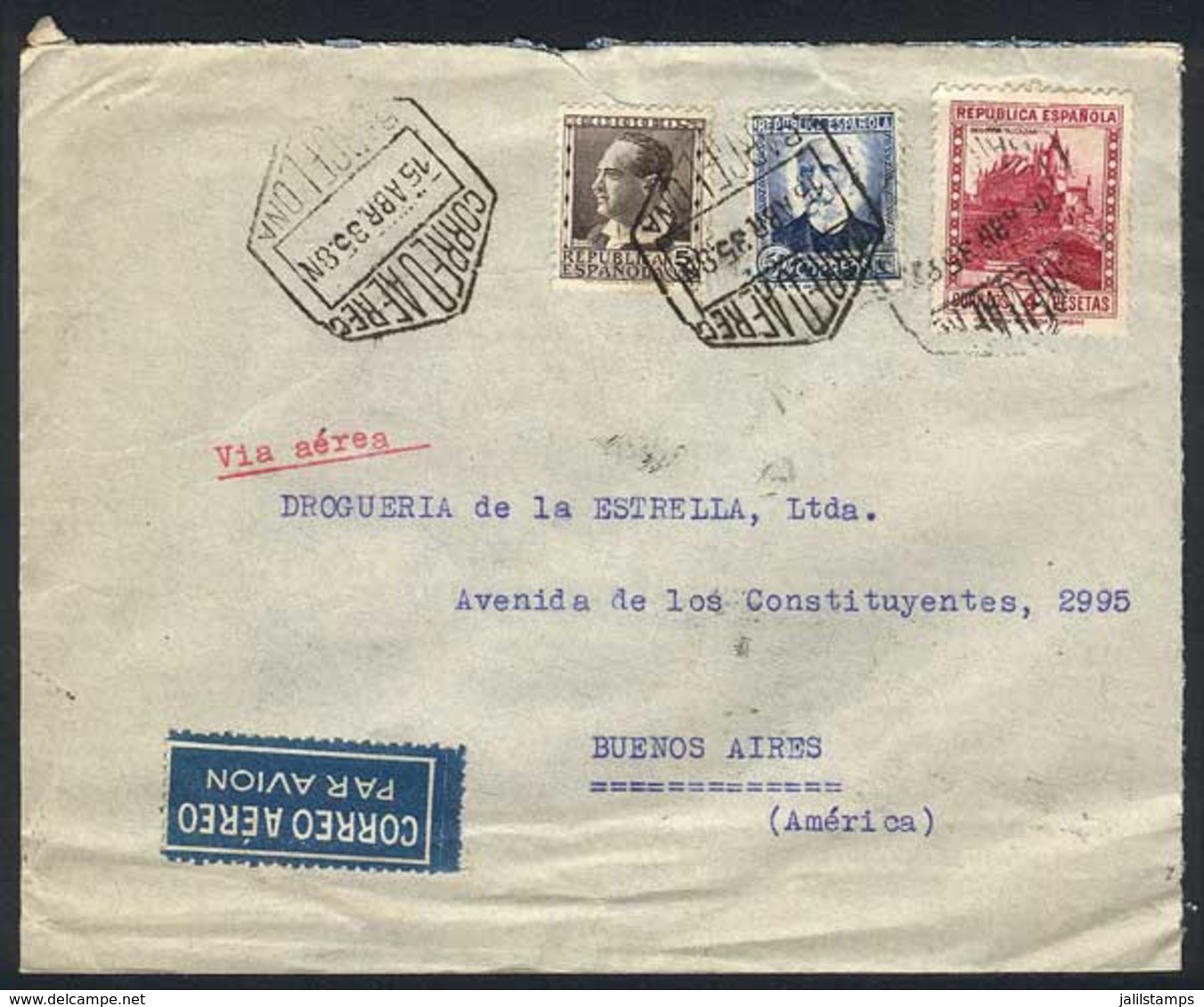 SPAIN: Air Mail Cover Sent To Argentina On 15/AP/1935 With Nice Postage Of 4.55 Pts., Very Fine Quality! - Other & Unclassified