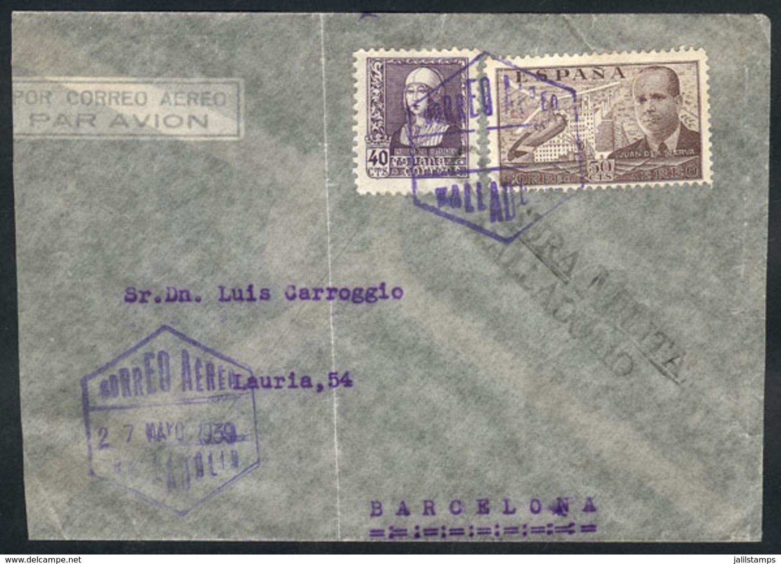 SPAIN: 27/MAY/1939 Valladolid - Barcelona, Airmail Cover Franked With 90c., Censored On Front, Very Nice! - Other & Unclassified