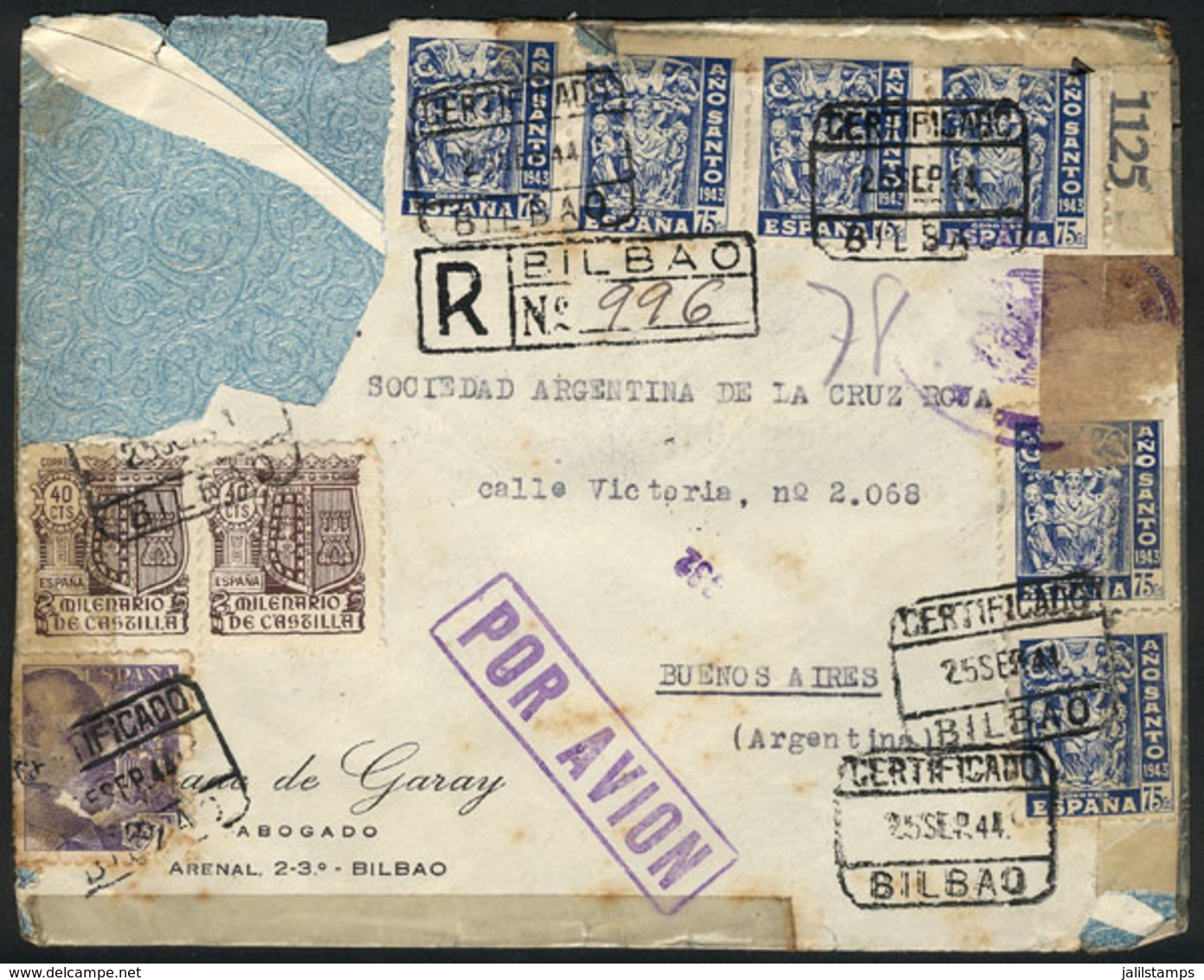 SPAIN: Registered Airmail Cover (torn At Top Left) Sent From Bilbao To The Red Cross Argentina In Buenos Aires On 25/SE/ - Other & Unclassified