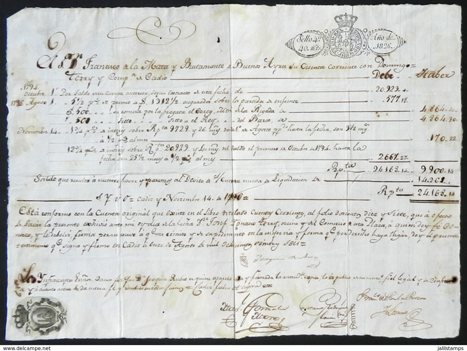 SPAIN: Interesting Document Of 1826, With The Balance Of The Credit Of Francisco Mata From Buenos Aires With Domingo Ter - Spain