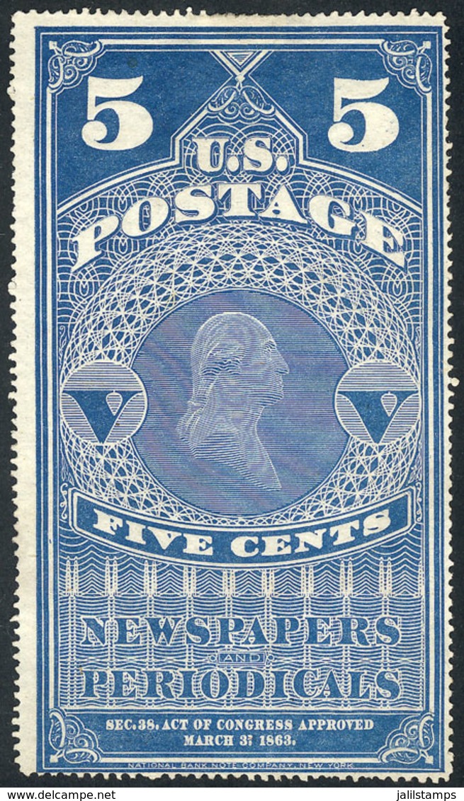 UNITED STATES: Yvert 4, 1865 5c. Blue, Mint Without Gum, VF Quality! - Zeitungsmarken & Streifbänder