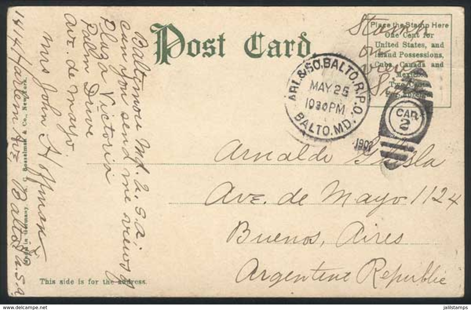 UNITED STATES: Postcard (view Of Pennsylvania Ave., Washington DC) Franked With 2c. And Sent From Baltimore To Argentina - Postal History