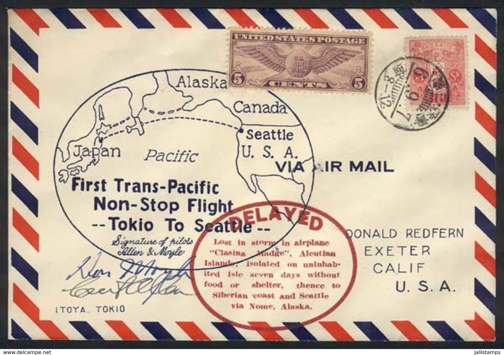 UNITED STATES: Special Cover Of The First Trans-Pacific Non-stop Flight, By Allen And Moyle, Signed By Both Pilots, Exce - Postal History