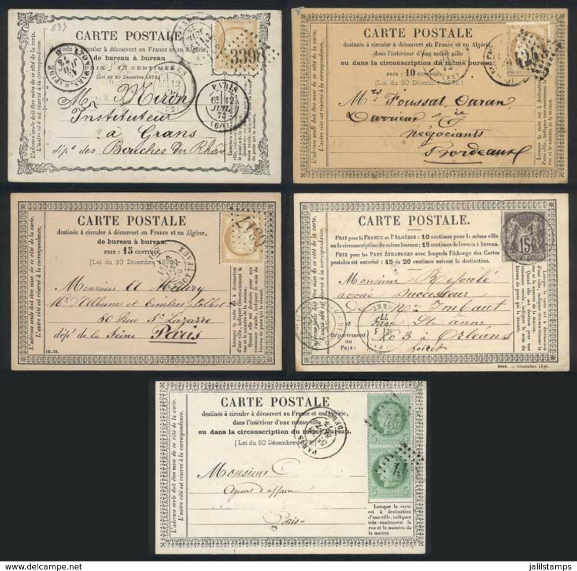 FRANCE: 5 Postal Cards Used Between 1873 And 1877, Very Interesting Postal Markings, Excellent Quality! - Other & Unclassified