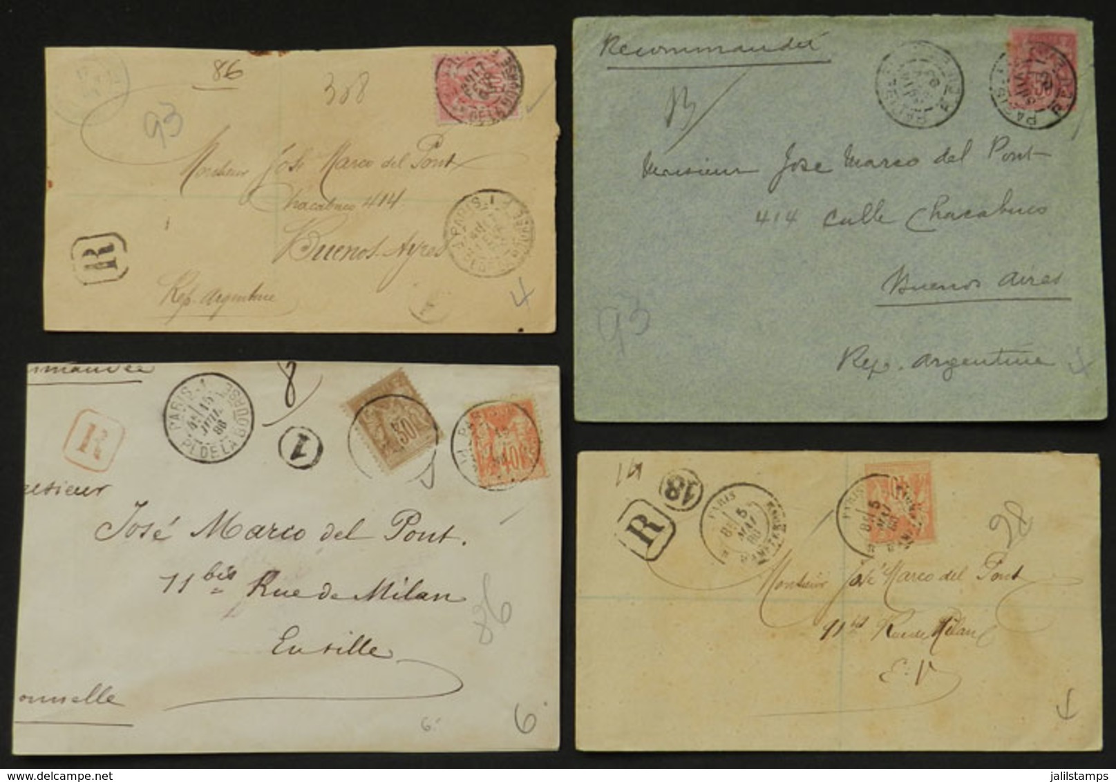 FRANCE: 9 Covers Sent By Registered Mail To Argentina Betweeen 1886 And 1893, Good Cancels And Interesting Postages, Mix - Other & Unclassified