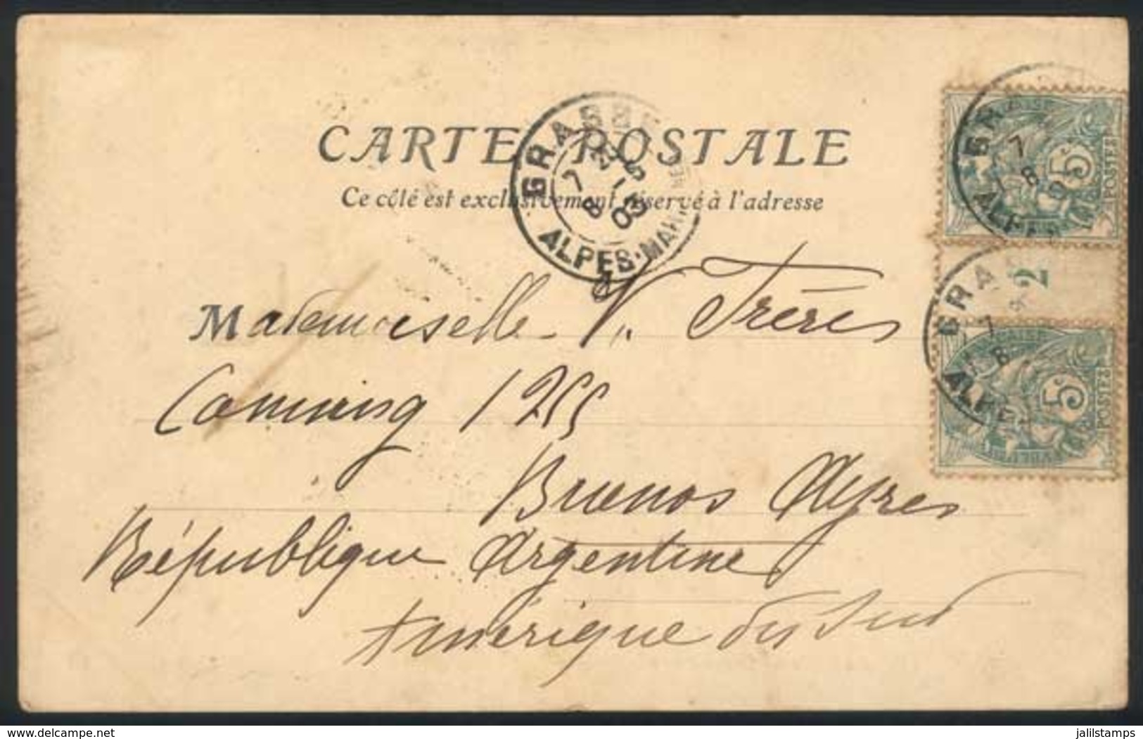 FRANCE: Post Mailed From Grasse To Argentina On 8/MAY/1903, With Nice 10c. Postage (5c. Gutter Pair), VF! - Otros & Sin Clasificación