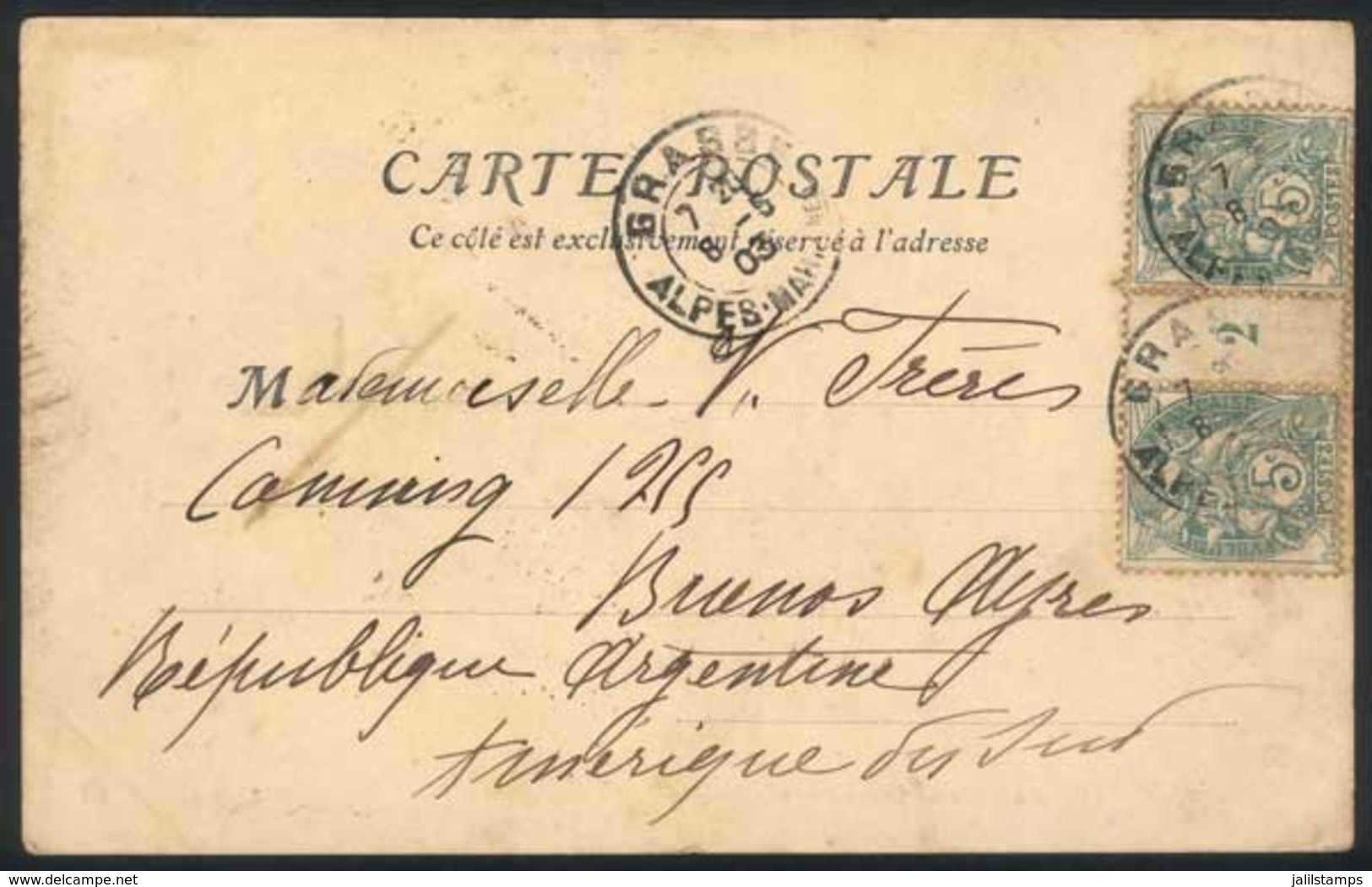 FRANCE: Post Mailed From Grasse To Argentina On 8/MAY/1903, With Nice 10c. Postage (5c. Gutter Pair), VF! - Other & Unclassified