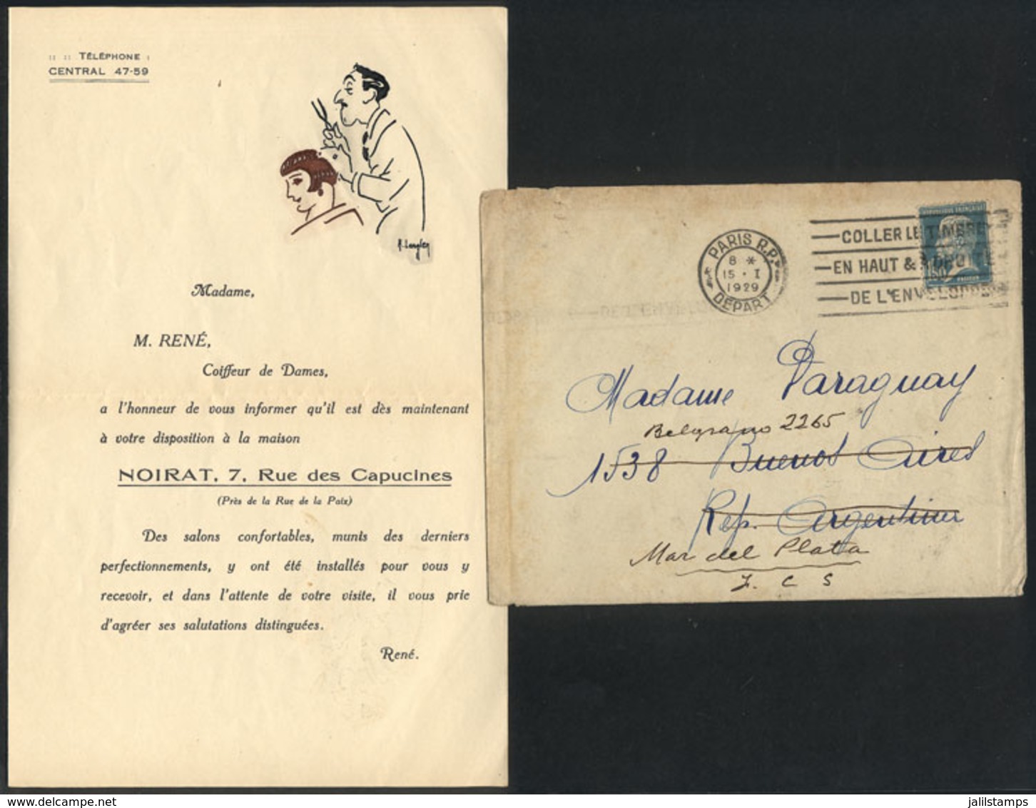 FRANCE: Cover Sent From Paris To Argentina On 15/JA/1929, With The Original Content: A Very Attractive Advertising For C - Other & Unclassified