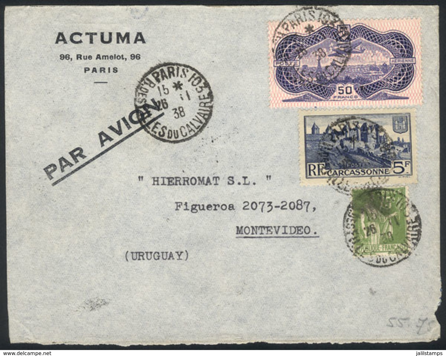 FRANCE: Cover Sent From Paris To Uruguay On 26/NO/1938, Franked With 50Fr. Burelage + Other Values, Very Fine Quality! - Other & Unclassified