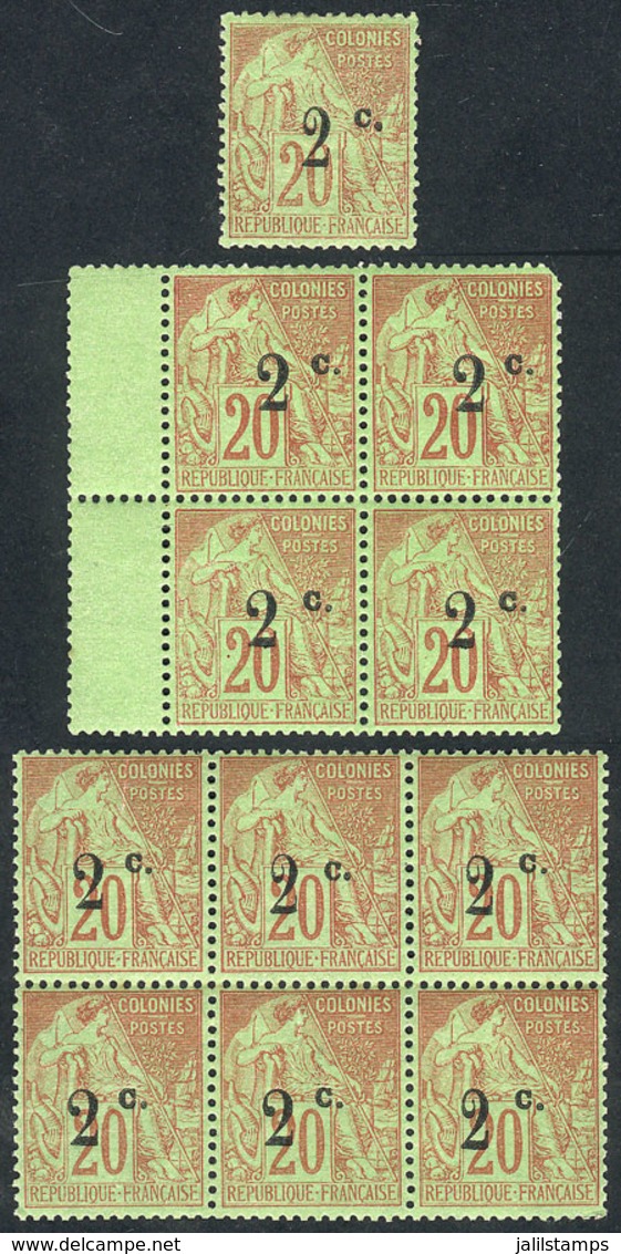 FRANCE - REUNION: Yvert 45 + 45a, Block Of 6 Combining Both Overprint Types (3 Of Each, MNH But With 3 Tiny Stain Spots  - Other & Unclassified