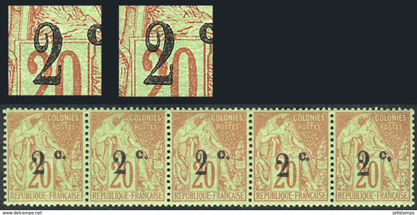 FRANCE - REUNION: Yvert 45, 45a, Strip Of 5 Combining Both Types Of Overprint, MNH, Excellent Quality! - Other & Unclassified