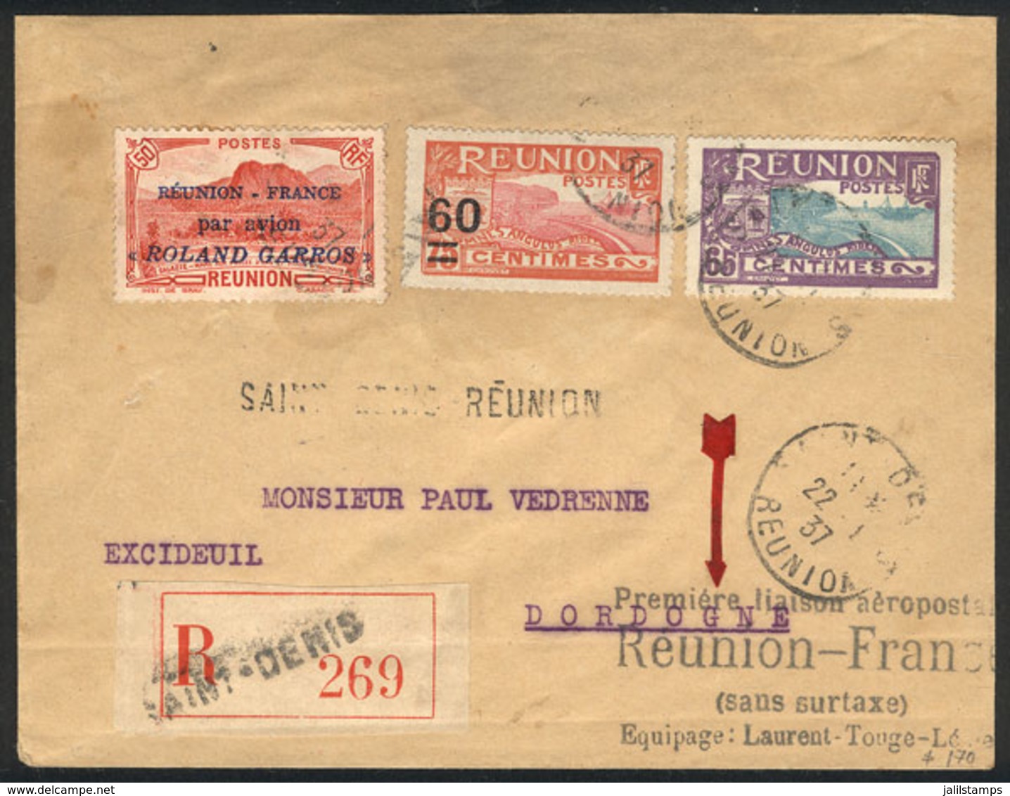 FRANCE - REUNION: 22/JA/1937 Reunion - France: First Airmail, With Arrival Backstamp Of Dordogne, Very Nice! - Other & Unclassified