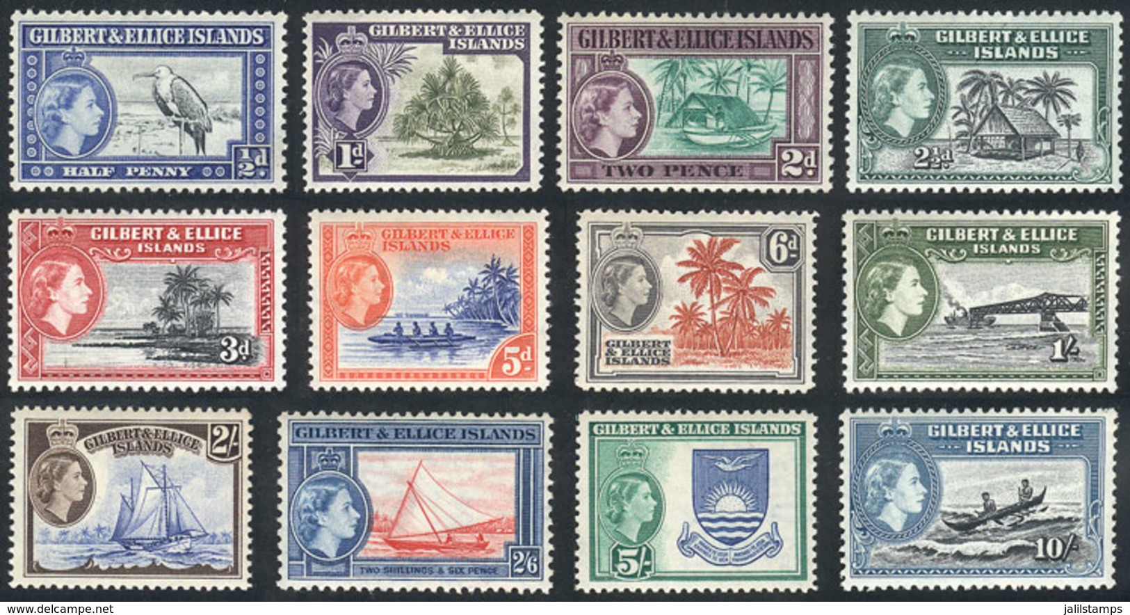 GILBERT AND ELLICE: Yvert 59/70, 1956 Bird, Ships, Flora Etc., Complete Set MNH, Excellent Quality! - Isole Gilbert Ed Ellice (...-1979)
