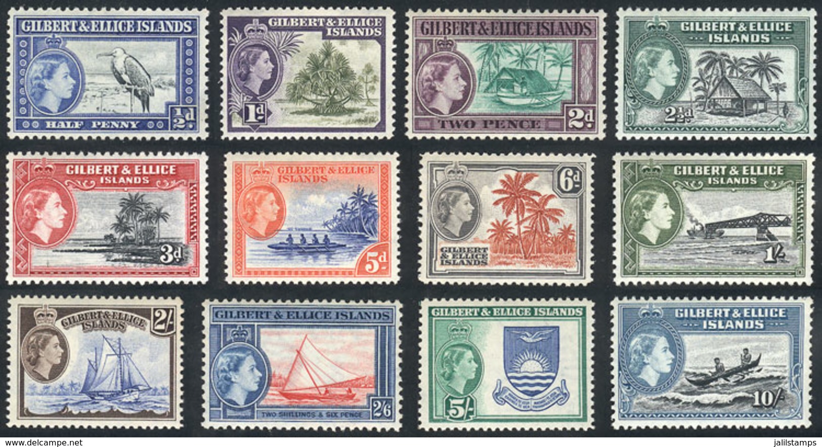 GILBERT AND ELLICE: Yvert 59/70, 1956 Bird, Ships, Flora Etc., Complete Set MNH, Excellent Quality! - Gilbert & Ellice Islands (...-1979)