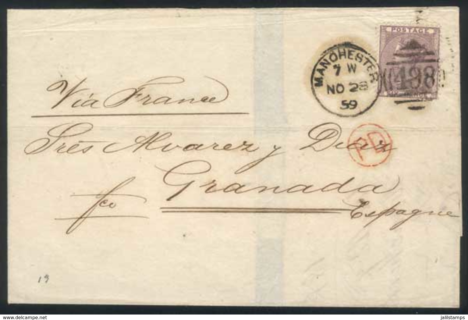GREAT BRITAIN: 28/NO/1859 Manchester - Granada (Spain): Folded Cover Franked By Sc.27, With Duplex Numera "498" Cancel,  - Sonstige & Ohne Zuordnung