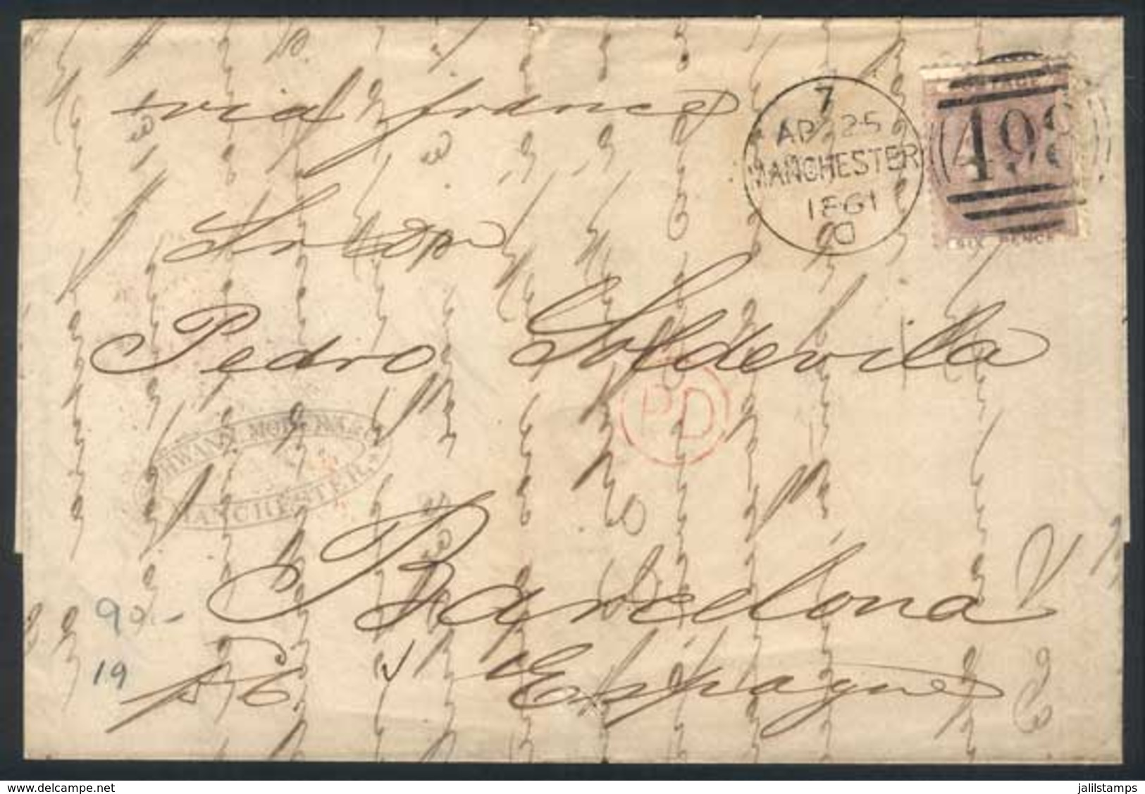 GREAT BRITAIN: 25/AP/1861 Manchester - Barcelona (Spain): Folded Cover Franked By Sc.27, With Duplex Numeral "498" Cance - Other & Unclassified