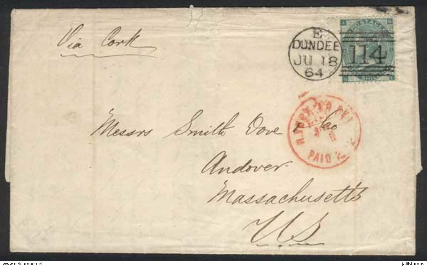 GREAT BRITAIN: Complete Folded Letter Franked By Sc.42, Sent From Dundee To Andover (USA) On 18/JUN/1864, Very Fine Qual - Other & Unclassified