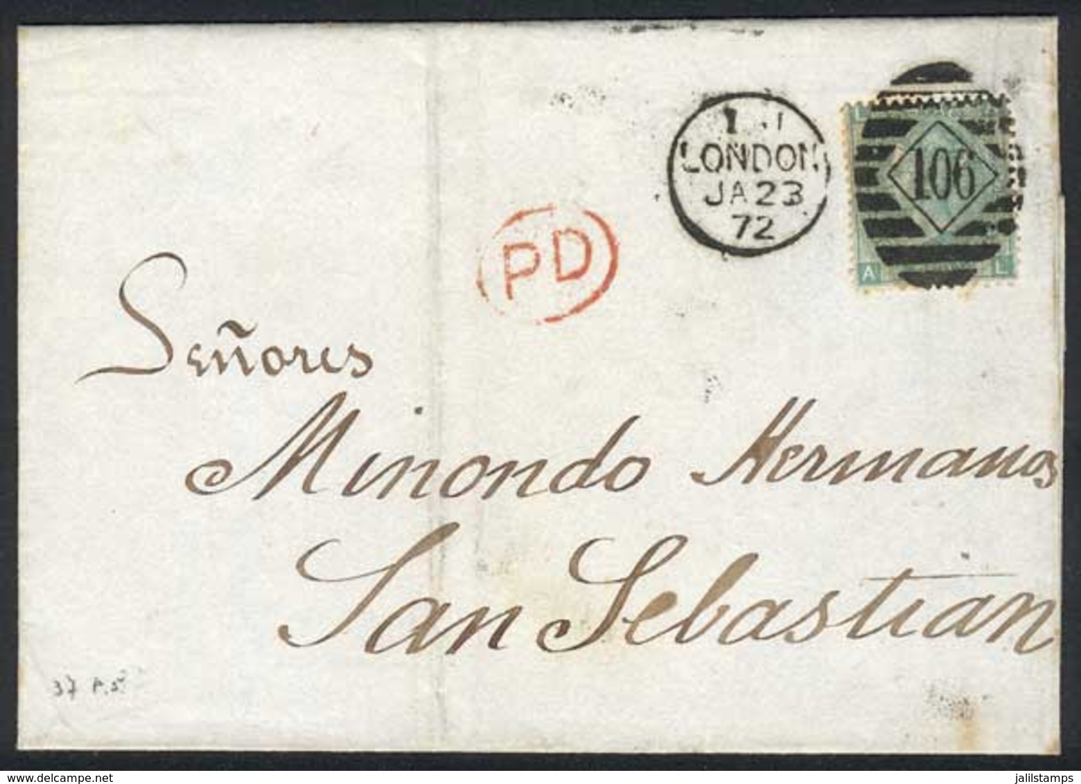 GREAT BRITAIN: Folded Cover Franked By Sc.54 (plate 5), Sent From London To San Sebastian (Spain) On 23/JA/1872, Excelle - Other & Unclassified
