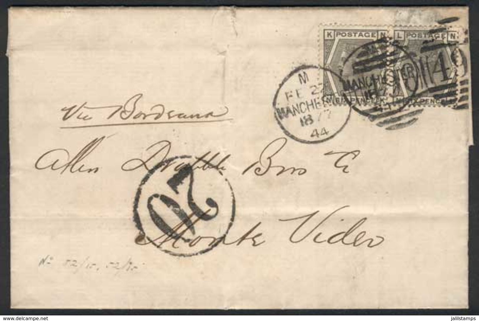 GREAT BRITAIN: Complete Folded Letter Franked By Sc.62 Pair (plate 15), Sent From Manchester To Montevideo (Uruguay) On  - Other & Unclassified