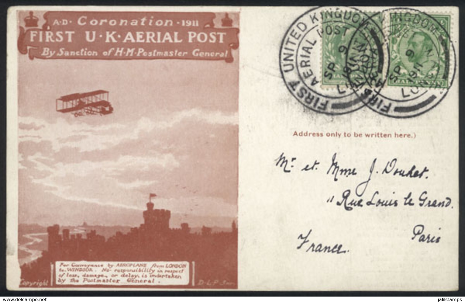 GREAT BRITAIN: 9/SE/1911 Postcard Carried On The Commemorative Coronation Flight Between London And Windsor, Very Nice! - Other & Unclassified